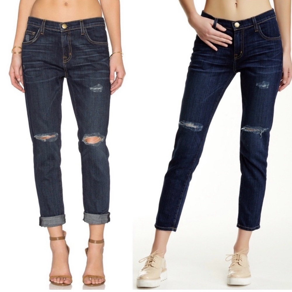 Current/Elliott The Fling Boyfriend Jeans Distressed Medium Wash Crop 33x27 sz28